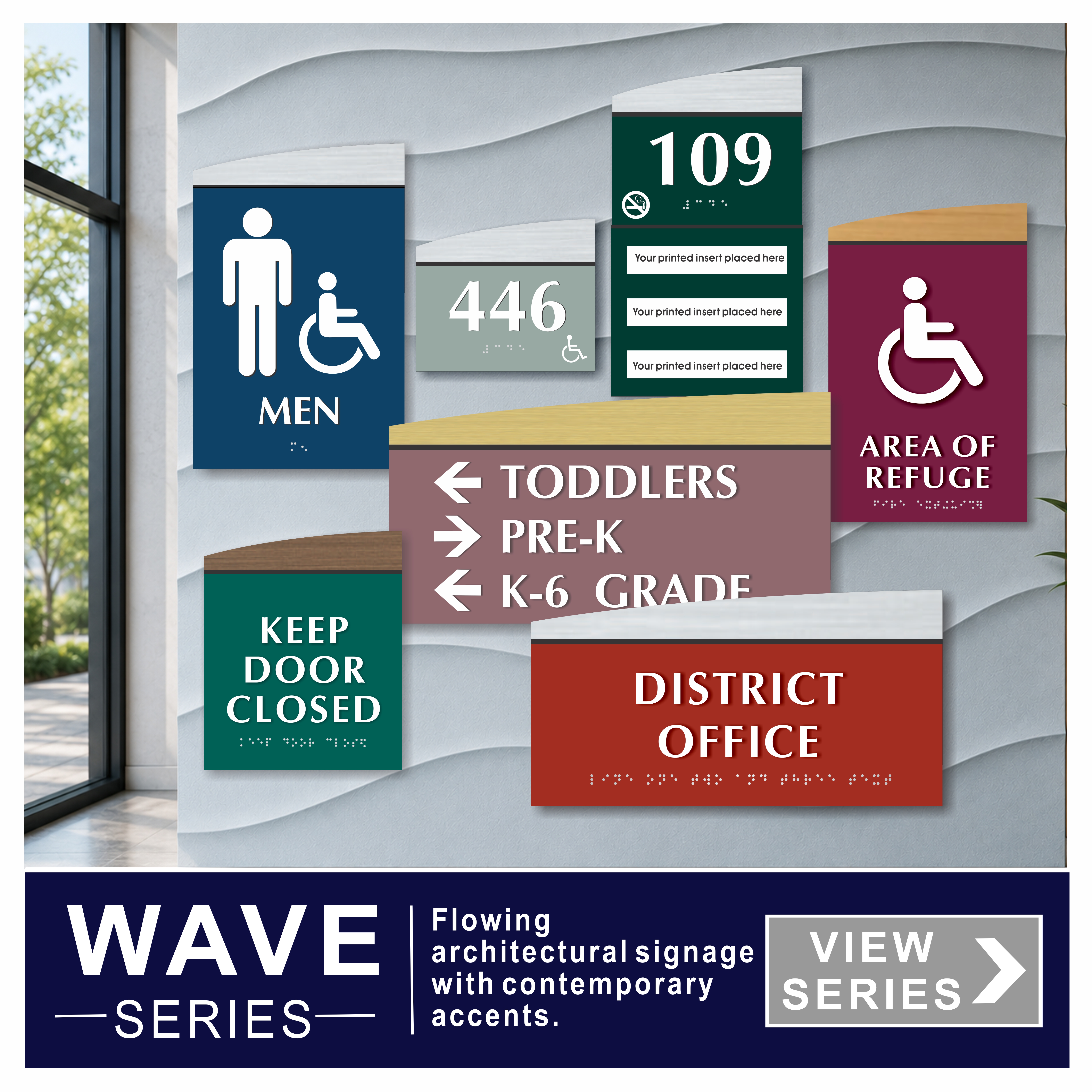 Wave Series ADA braille architectural signs with top curve accents.